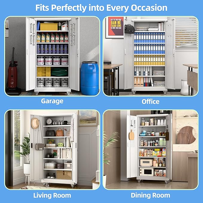 Metal Storage Cabinet with Wheels and Pegboard,71" H x 32" W x 16" D Garage Storage Cabinet with 2 Doors and 5 Adjustable Shelves for Garage, Home, Warehouse, Closet, Assembly Required, White