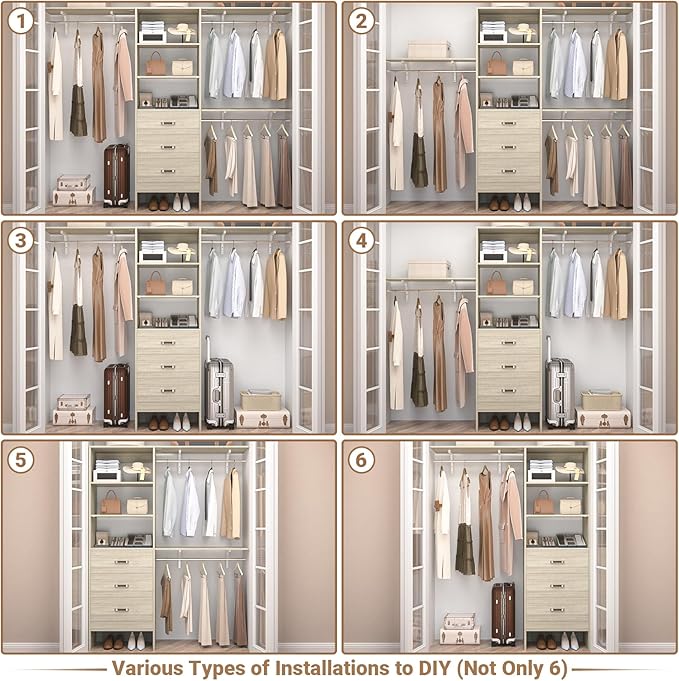 Closet System with Drawer - 8FT Wood Closet Organizer System with 3 Hanging Rods and Shelving Tower, 96" Walk In Closet Organizer Wardrobe, Heavy Duty Garment Rack Clothes Rack, White Oak