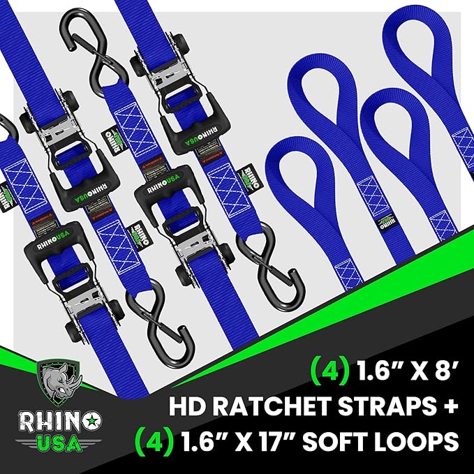 Rhino USA Ratchet Straps Heavy Duty Kit (4-Pack) - 1.6 Inch x 8 Feet (5,208lb Break Strength) - Ultimate Tie Down Straps with Safety S Hooks for Trucks, ATV, UTV, Motorcycle, Cargo & More - Blue