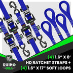 Rhino USA Ratchet Straps Heavy Duty Kit (4-Pack) - 1.6 Inch x 8 Feet (5,208lb Break Strength) - Ultimate Tie Down Straps with Safety S Hooks for Trucks, ATV, UTV, Motorcycle, Cargo & More - Blue