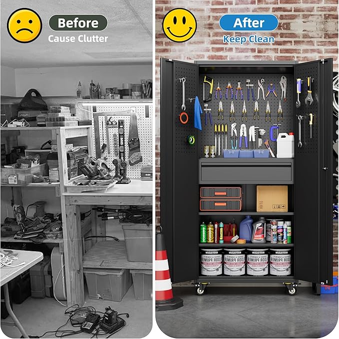 71"H Garage Storage Cabinet with Wheels, Drawer, Pegboard and 16 Hooks, Metal Storage Cabinet with Locking Doors and 2 Adjustable Shelves for Garage, Warehouse, Home, Black, Assembly Required