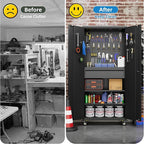 71"H Garage Storage Cabinet with Wheels, Drawer, Pegboard and 16 Hooks, Metal Storage Cabinet with Locking Doors and 2 Adjustable Shelves for Garage, Warehouse, Home, Black, Assembly Required