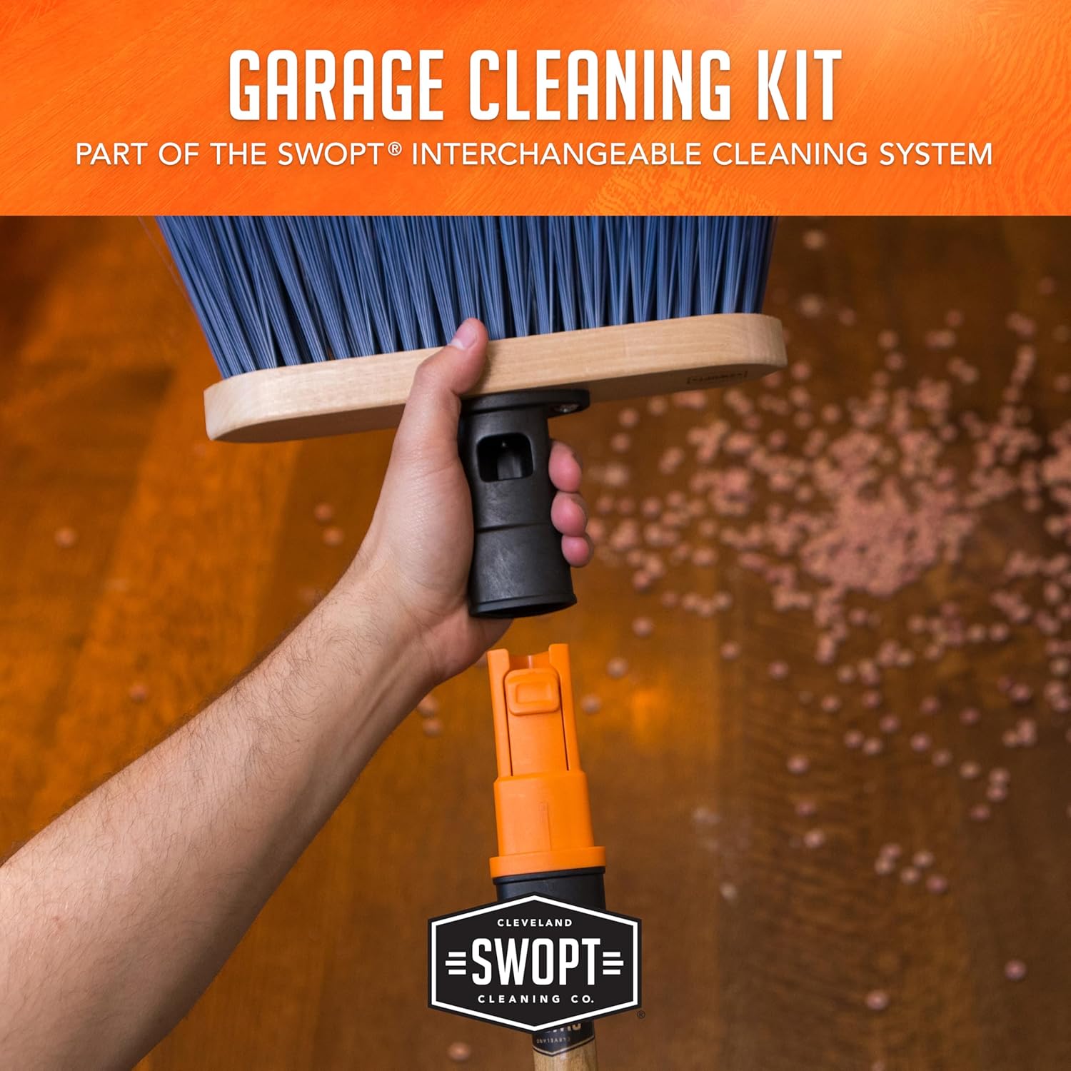 SWOPT Garage Kit — Includes 48” and 60” Wooden Handles, Smooth Surface Push Broom, Multi-Surface Push Broom, Angle Broom, Deck Brush, Floor Squeegee, and Organizer — Covers All Outdoor Cleaning Needs