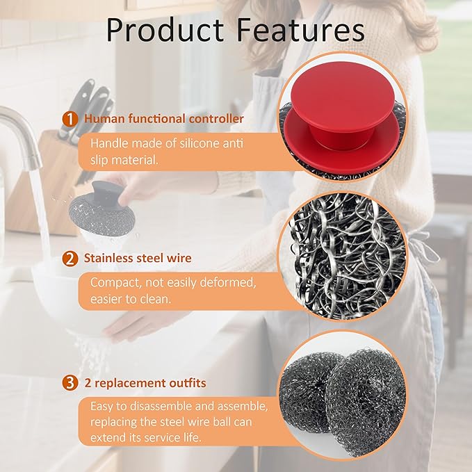 2Pack Stainless Steel Wool Scrubber with Rubber Handle & 2 Pads for Cleaning Dishes, Kitchen Pots, Pans, Grills (Red+Black)