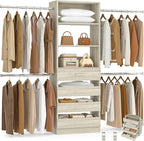 Aheaplus 4-9Ft Closet System, Closet Organizer with 4 Wooden Drawers, Wood Closet Organizer System with Tower, Walk-in Closet Organizer Wardrobe and Storage with 4 Hanging Rods, White Oak