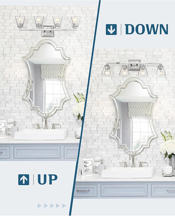 Brushed Nickel Bathroom Vanity Light, HWH 4-Light Vanity Light Fixture Modern Vanity Wall Sconce Lamp Over Mirror with Square Glass Shade, 5HY68B-4W BN