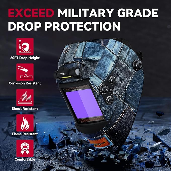 ARCCAPTAIN Large View 3.94" x 3.66" True Color Auto Darkening Welding Helmet with Light, Solar Powered Welding Hood, 4 Arc Sensor Wide Shade 4/5-9/9-13 for Stick MIG TIG Cut,Denim