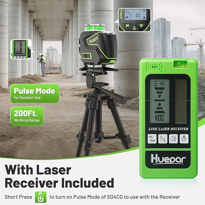Huepar 16 Lines Self Leveling Laser Level 4x360° Cross Line Laser with Receiver -LCD Screen, 4D Bluetooth Green Beam Tiling Floor Laser Tool, 360° Horizontal/Vertical Laser Kit -Remote Control S04-5RG