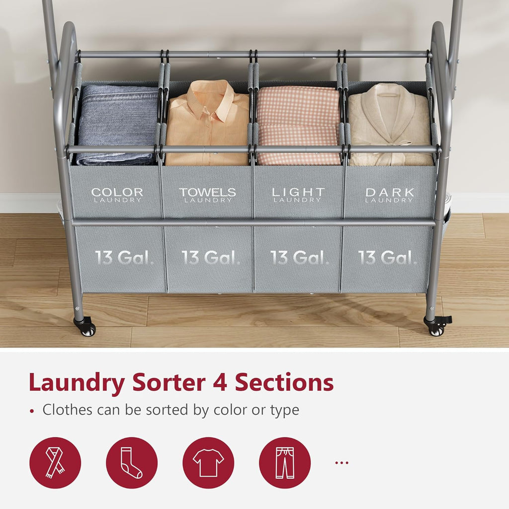 Tajsoon Laundry Sorter with Hanging Bar, 4 Section Rolling Laundry Hamper with Heavy Duty Lockable Wheels, Laundry Sorter Cart for Bathroom & Bedroom, Gray