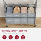 Tajsoon Laundry Sorter with Hanging Bar, 4 Section Rolling Laundry Hamper with Heavy Duty Lockable Wheels, Laundry Sorter Cart for Bathroom & Bedroom, Gray