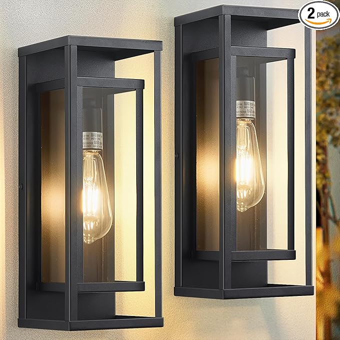 14" Outdoor Wall Lights Fixtures, Black Exterior Lighting Fixtures, Waterproof Outdoor Wall Lantern Modern Front Porch Lights with Clear Glass Coach Lights for Garage, Porch, Front Door 2-Pack