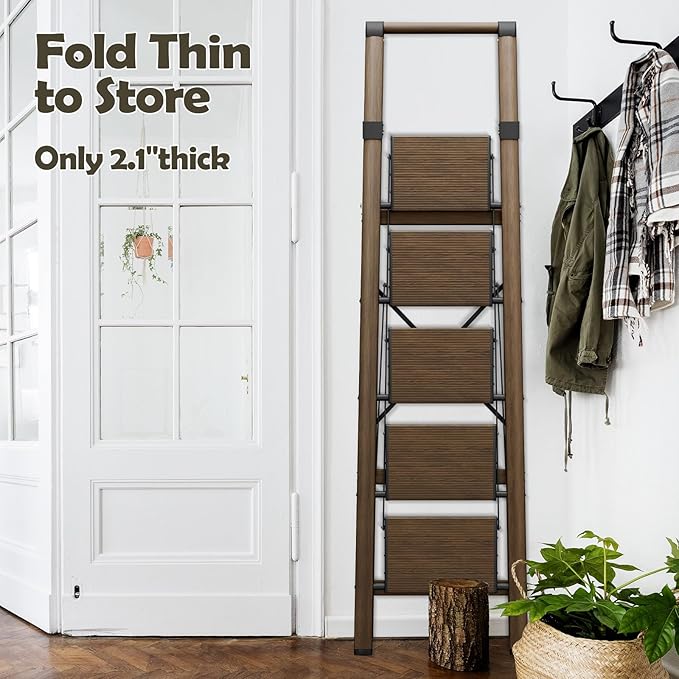 Taranta 5 Step Ladder, Portable Folding Ladder with Wide Pedal, Lightweight Aluminum Step Stool with Convenient Handgrip, 330 lbs Capacity Stepladder for Home, Office - Walnut