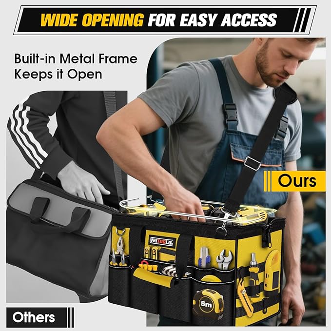 16-Inch Heavy Duty Tool Bag, 19-Pockets Tool Box Organizer, Portable Toolbag W/Soft Handle, Organized Storage, Mechanic Gifts for Men Dad Husband Him Christmas, Wide Mouth Toolbox Organization, Yellow