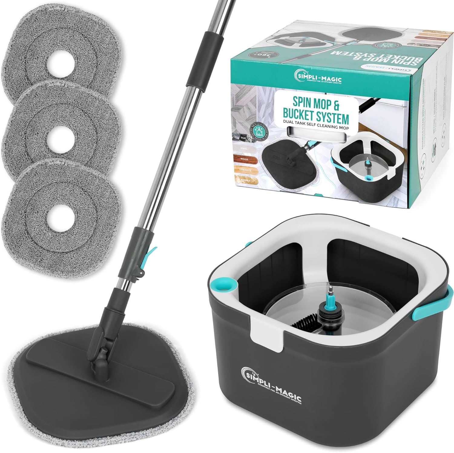 SIMPLI-MAGIC 360° Square Spin Mop and Bucket System – Dual Compartment, Separate Clean & Dirty Water – 3 High-Absorbent Microfiber Washable Heads – All Types Floor Cleaning