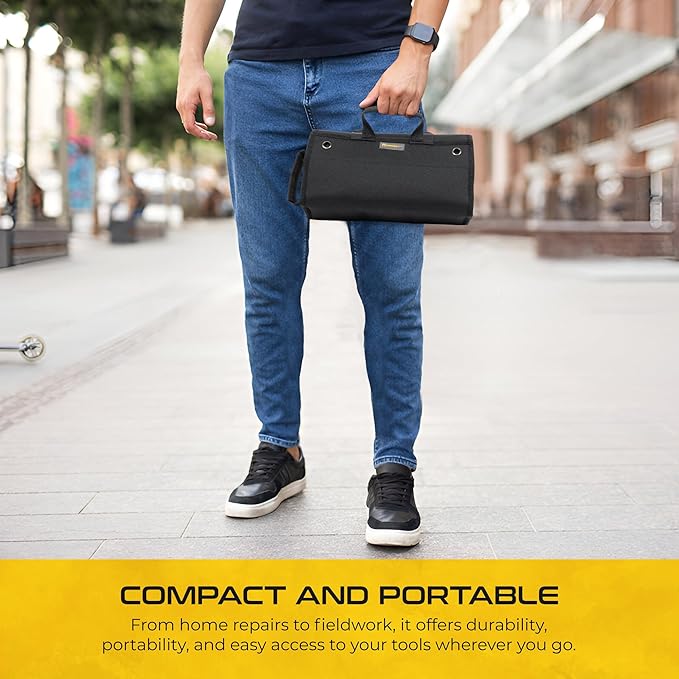 Heavy-Duty Roll Up Tool Bag Organizer w/Transparent Pockets for Quick View & Easy Access. 7 Reinforced Pockets w/Zippers, Multiple Carrying & Hanging Handles, Elastic Organizers & Adjustable Strap