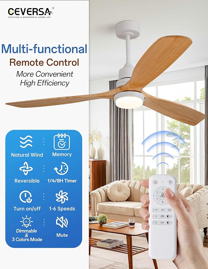 60 Inch Outdoor Natural Wood Ceiling fans with Lights and Remote, 3 Blades Wooden Dimmable Ceiling Fans,Noiseless Reversible DC Motor,Modern Fan for Patio,Living Room,Indoor,Farmhouse