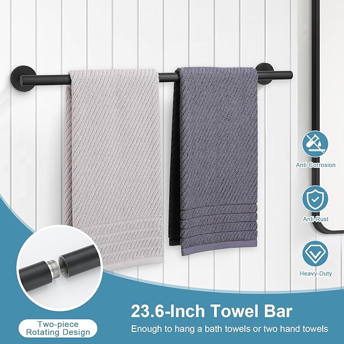 TQKAG 8-Pieces Bathroom Hardware Set Matte Black SUS304 Stainless Steel Bath Towel Bar Set 23.6 Inch Round Bathroom Accessories Kit Wall Mounted