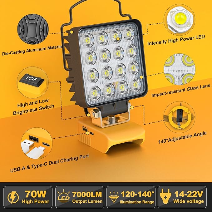 2Pcs Cordless LED Work Light Compatible with Dewalt 20V Battery, 70W 7000 Lumens Underhood Work Light Tool Gifts for Men, with USB & Type-C Charging Port Emergency for Workshop, Garage