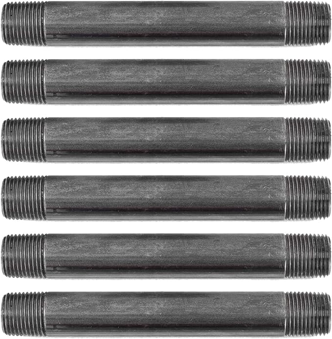 PIPE DÉCOR 1/2” x 6” Malleable Cast Iron Pipe Nipple, Pre Cut Connectors, Industrial Steel Grey Fits Standard Half Inch Black Threaded Pipes Nipples and Fittings, Build Vintage DIY Furniture, 6 Pack