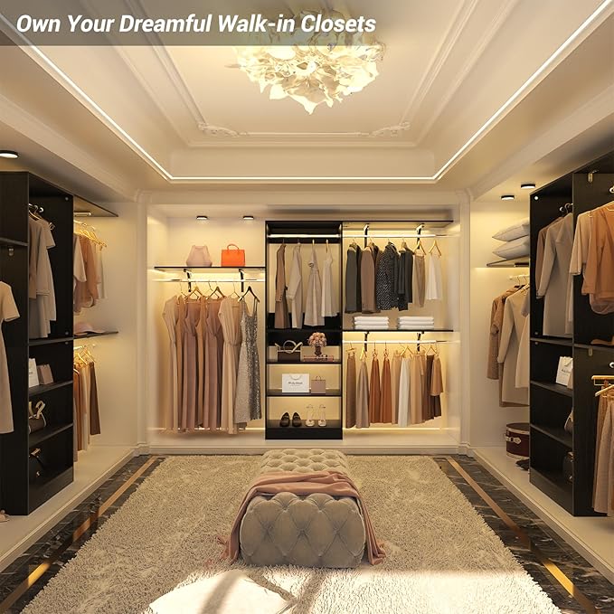 Armocity 96'' Closet System, 8FT Walk In Closet Organizer with 3 Shelving Towers, Heavy Duty Bedroom Wardrobe with 5 Shelves, Wall Mounted Clothes Rack (Can Be Cut To Fit), 96"L x 16"W x 75"H, Black