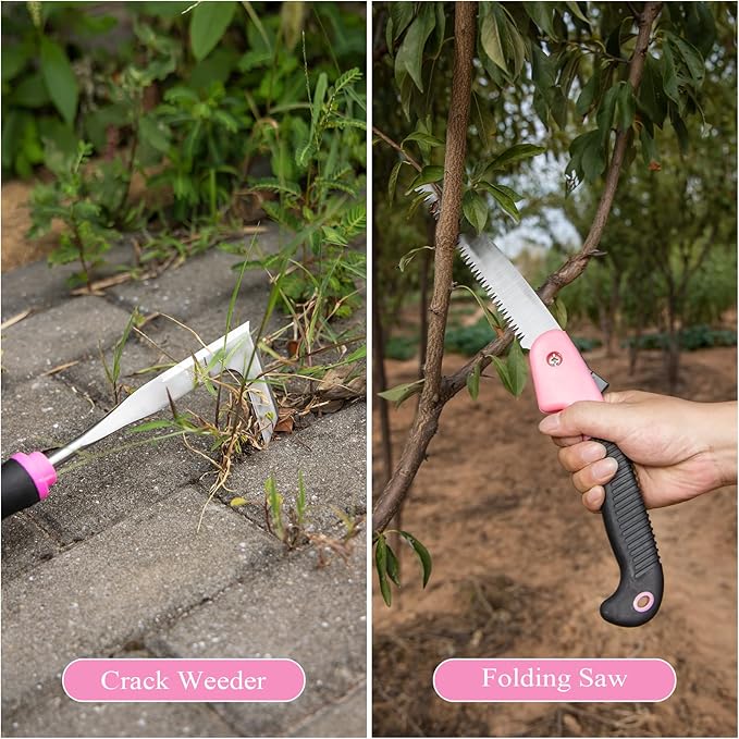 Pink Garden Tool Set Gardening Items for Women - 24PCS Heavy Duty Garden Tools with Detachable Storage Bag, Succulent Tool Set, Weeder