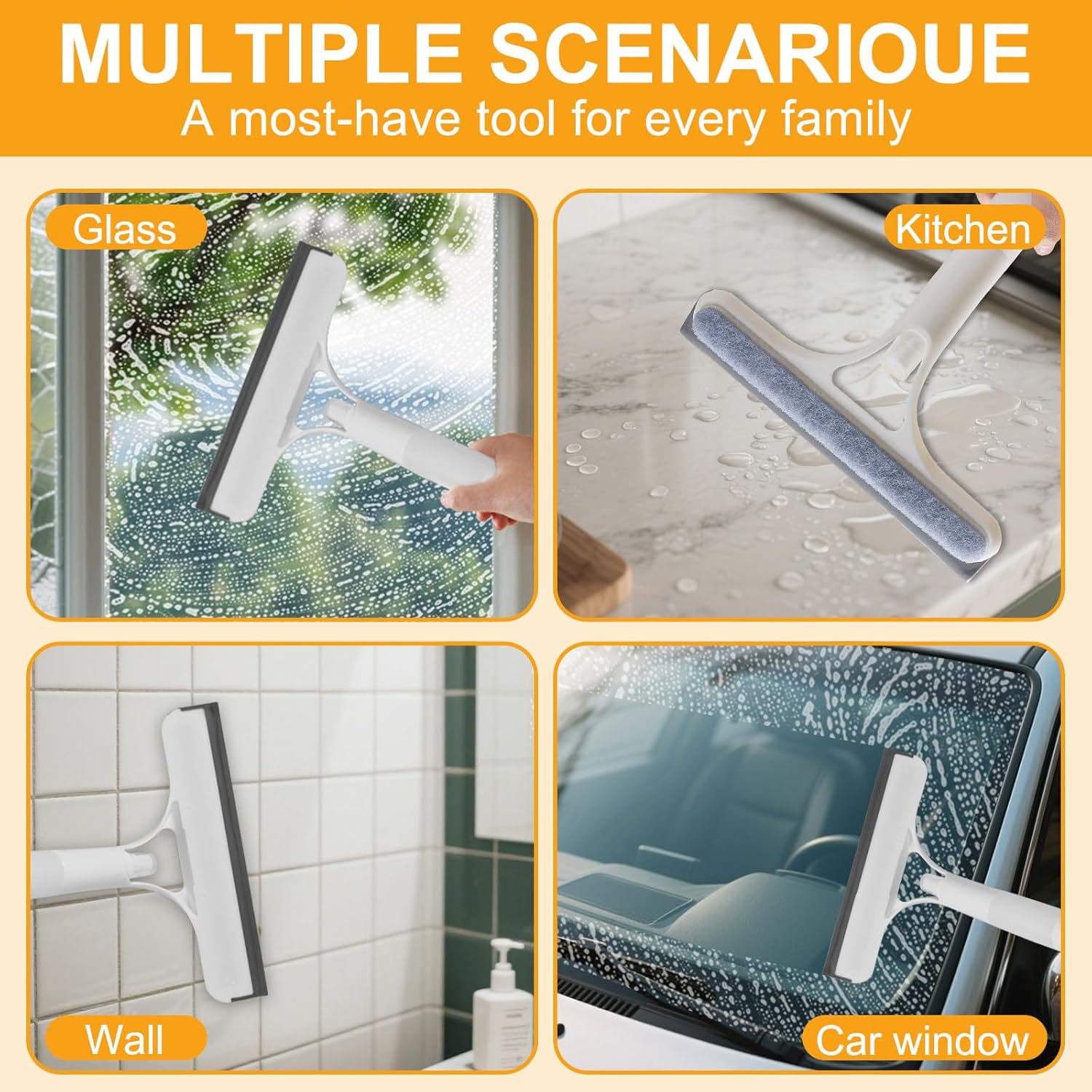 3 in 1 Window Cleaning Scraper, with 2 Replaceable Cleaning Cotton Strips 3 in 1 Spray Squeegee, Window Squeegee, Suitable for Cleaning Bathroom Glass, Mirrors, Car Windows (Yellow)