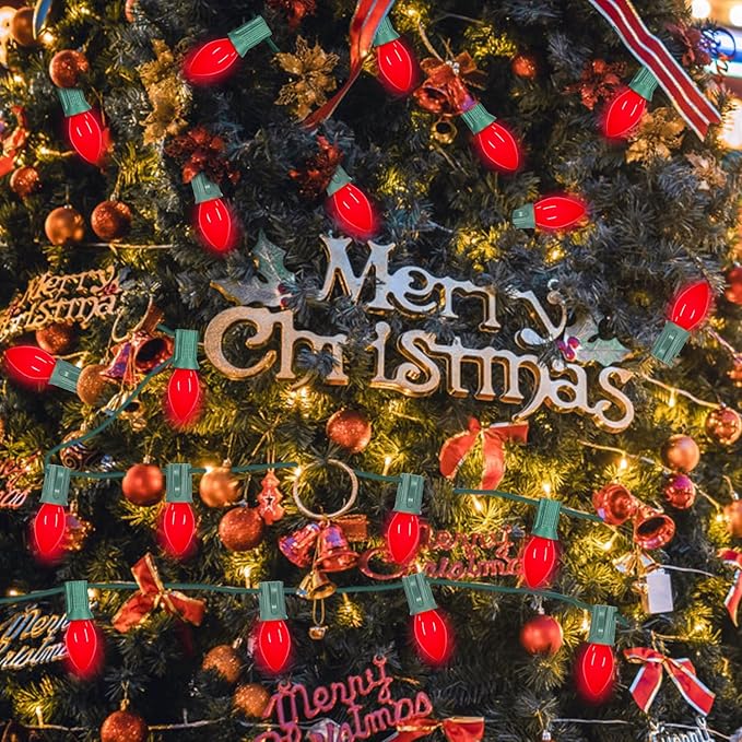 Waterproof UL Certified Red Replacement Bulbs Christmas Tree Light Bulbs for Indoor and Outdoor Decoration with 25 Pack, C7/E12 Base, 5 Watt