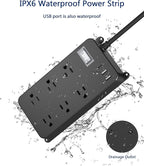 Outdoor Power Strip Weatherproof with USB C,IPX6 Waterproof Surge Protector Wall Mount Multi Outlet Extension for Patio Accessories,6 Outlets and 3 USB Ports,10ft Cable,Flat Plug(2000 Joules)
