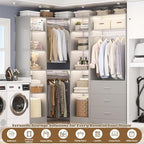 Corner Closet System with 3 Drawers, Corner Closet Organizer System with 13 Shelves & 3 Hanging Rods, 63.2"L * 39.2"W Reversible L Shaped Walk-in Closets, Load 2000+LBS, Grey