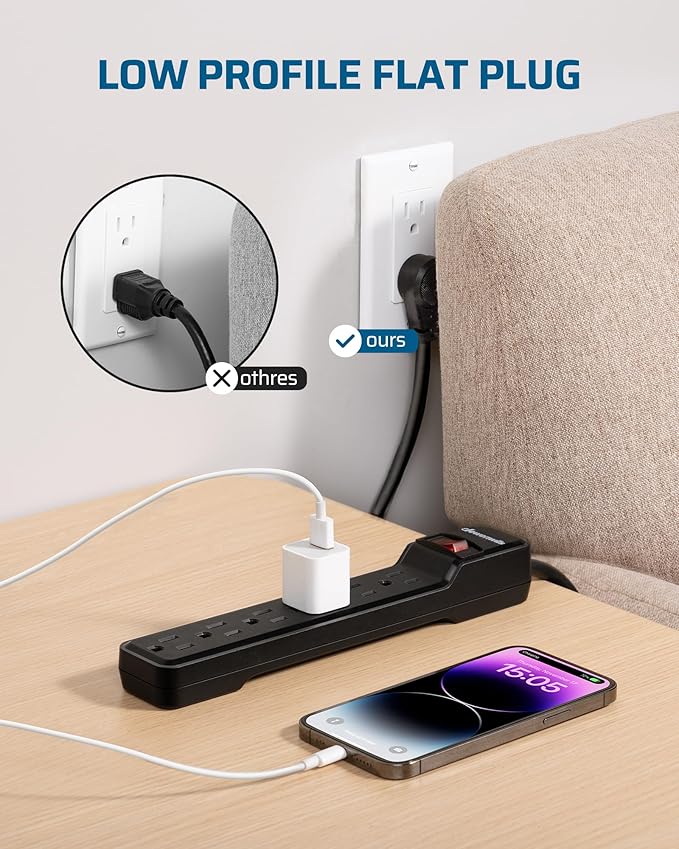 DEWENWILS 2-Pack 6-Outlet Power Strip Surge Protector, 6Ft Long Extension Cord, UL Listed, Low Profile Flat Plug, 15 Amp Circuit Breaker, 500 Joules, Wall Mount, Black