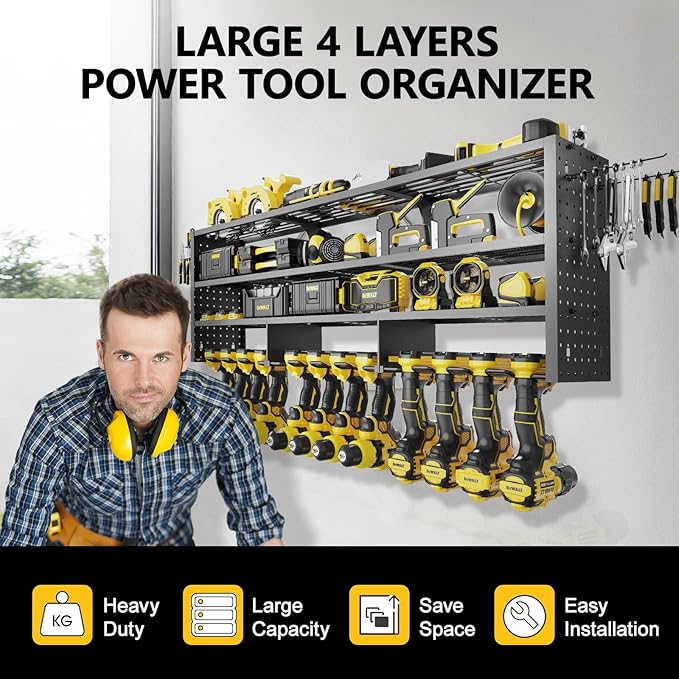 49" W Large Power Tool Organizer Wall Mount, 4 Layer Heavy Duty Metal Tool Storage Rack with 12 Drills Holder, Utility Racks for Garage Workshop, Ideal Garage Organization