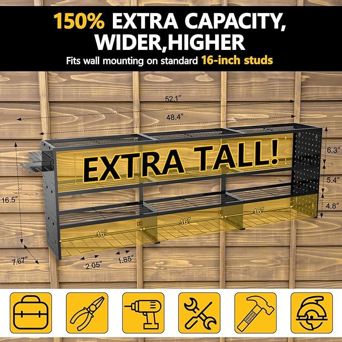 49" W Large Power Tool Organizer Wall Mount, 4 Layer Heavy Duty Metal Tool Storage Rack with 12 Drills Holder, Utility Racks for Garage Workshop, Ideal Garage Organization