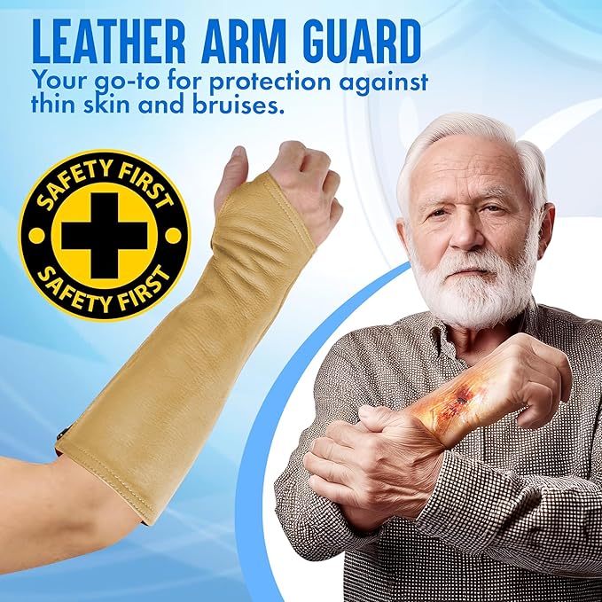 Arm Chaps Leather Protective Sleeves Arm Guard - Prevent Cuts, Scratches & Bruises - Genuine Cowhide - Ideal for Gardening & Construction - Left & Right Form-Fitting. Tan (1 Pair/X-Large).