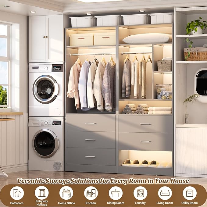 4FT Closet Systems with 5 Wood Drawers, 48 Inch Closet Organizer System with 2 Hanging Rods & 7 Shelves, Heavy Duty 48" Walk-in Closet, Grey (48"L x 15" W x 80" H)