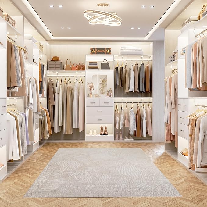 Unikito 8FT Closet System with 4 Drawers, 96" Wood Closet Organizer with Mirror and Hanging Rods, Sturdy Walk in Wardrobe Closet Insert with Tower, 96" W x 16" D x 80" H (Can Be Cut To Fit), White