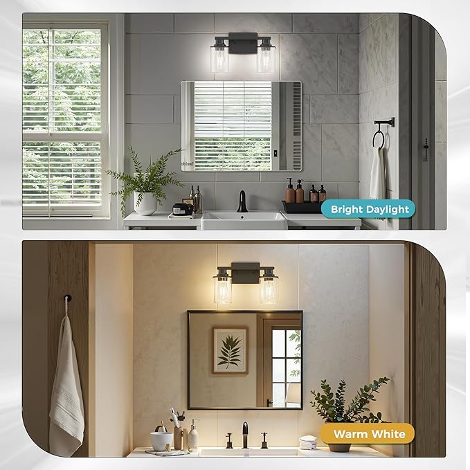 DORESshop 2-Light Black Bathroom Light Fixtures Over Mirror with Clear Glass Shade, Vanity Lights for Bathroom Mirror Hallway Bedroom Living Room, ETL Listed