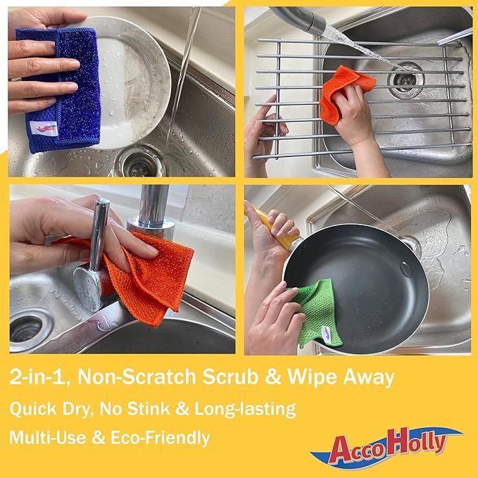 24 Pack Microfiber Scrub Dish Cleaning Cloth, Non-Scratch, Reusable & Durable for Pan Pot Dish Cooktop Stovetop Counter Kitchen Household, Machine Washable, 6 x 6 Inch, Orange, Blue & Green Assorted