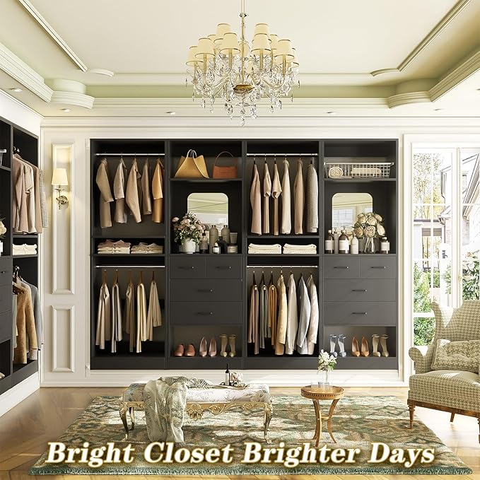 Unikito 100” Closet System with Drawers, 8.3FT Wood Closet Organizer with Hanging Rods and Mirror Design, Reversible Large Walk in Wardrobe Garment Rack with Shelves, Sturdy Closet Tower, Black