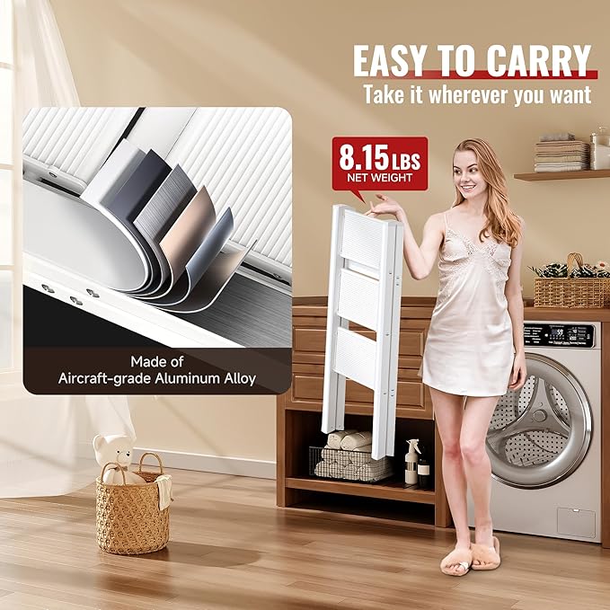 GameGem 3 Step Ladder, Aluminum Folding Step Stool with Anti-Slip Sturdy and Wide Pedal, Lightweight Portable Stepladder for Home and Kitchen Use Space Saving, Cream White, 330 lbs