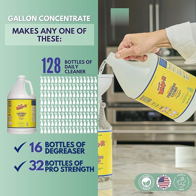 Whip It Cleaner Concentrate, Multi Purpose Stain Remover, Plant Based Enzyme Cleaner, Cleaning Food, Grease, Coffee, Wine, Baby Stains, Over 500 uses, Made in the USA, 1 Gallon,128-ounce