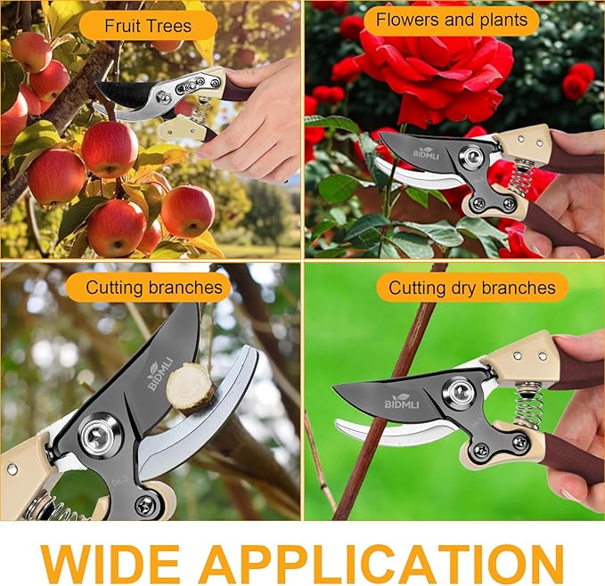 Heavy Duty Pruning Shears，Garden Scissors & Clippers with Red-BIDMLI 8.66" SK5 Steel Blades & Aluminum Alloy Handles, Tree Branch Cutter, Ideal for Thick Branches, Dry Twigs, Flower Pruning Tool.
