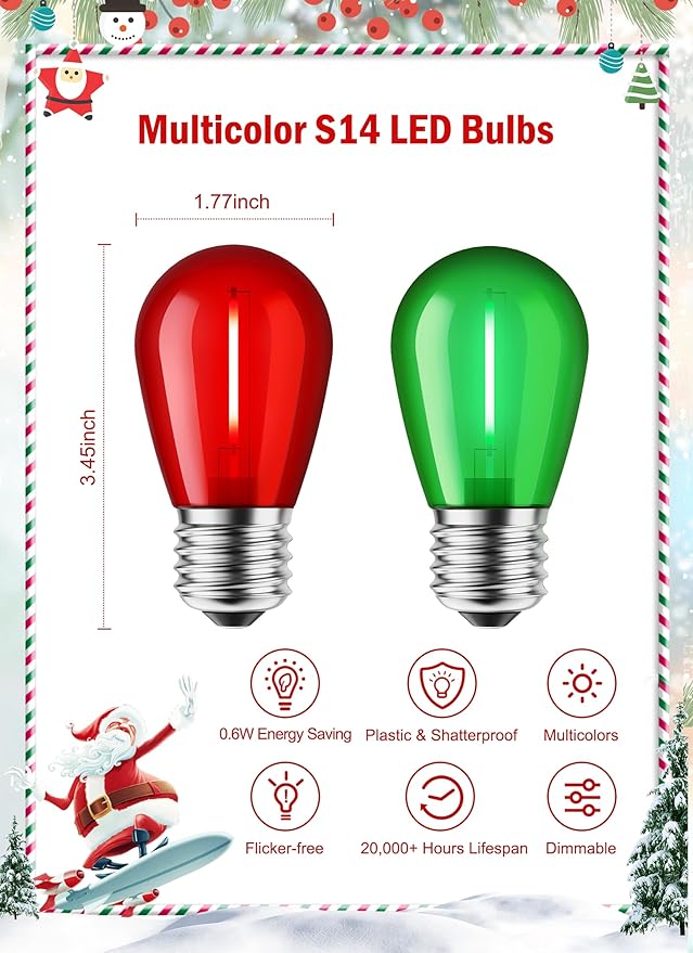 Minetom S14 LED Christmas Replacement Light Bulbs, UL Listed, 1 Watt E26 Medium Base Plastic Shatterproof LED Edison Bulbs, Easily Screw in Strings Spools Strands, Red & Green, 20 Pack