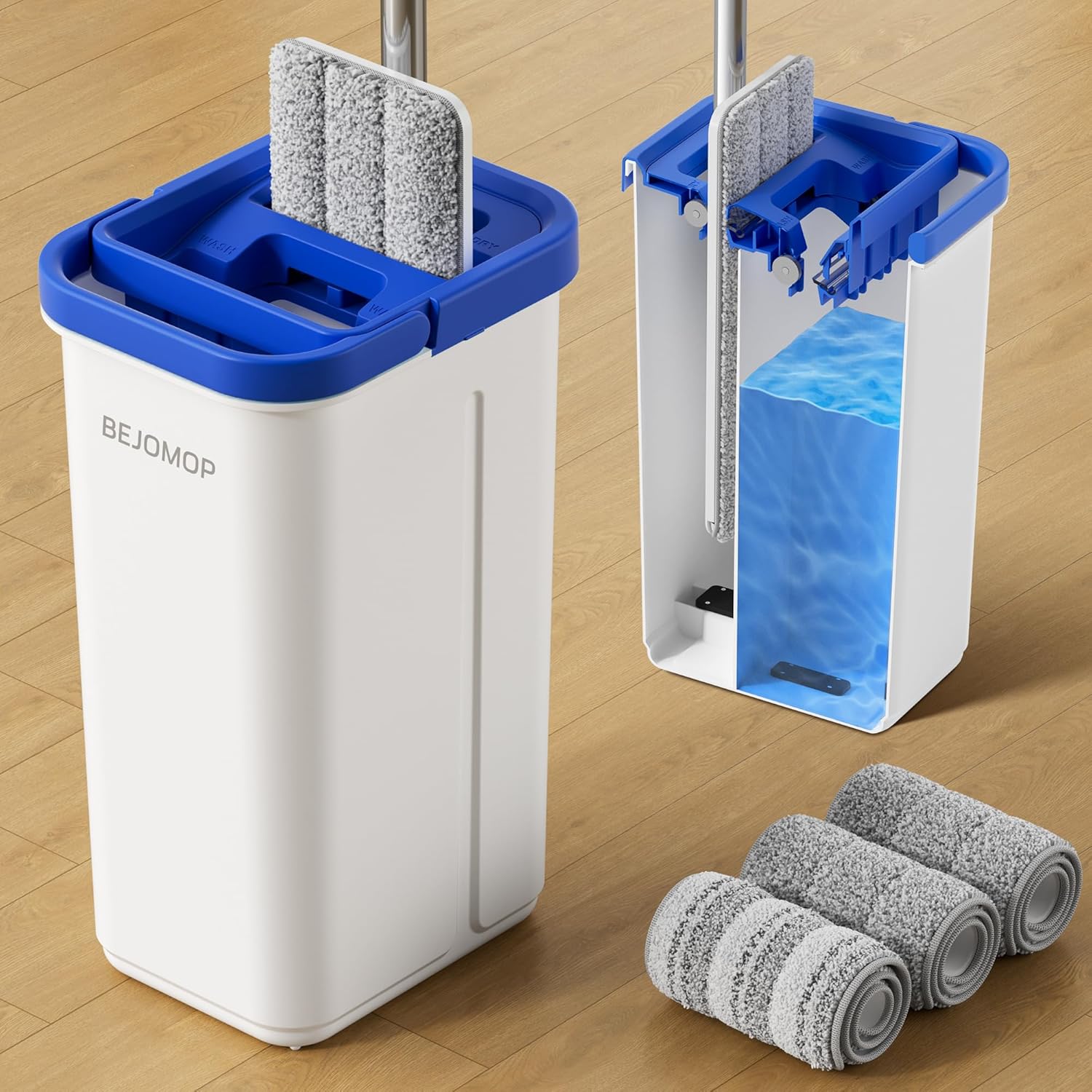 Mop and Bucket Set with Wringer, Squeeze Wall Mop Cleaner with Long Handle, Flat Mop and Bucket System, Dry & Wet Dust Mop for Household Floor Cleaning with 3 Microfiber Mops, Slate Blue