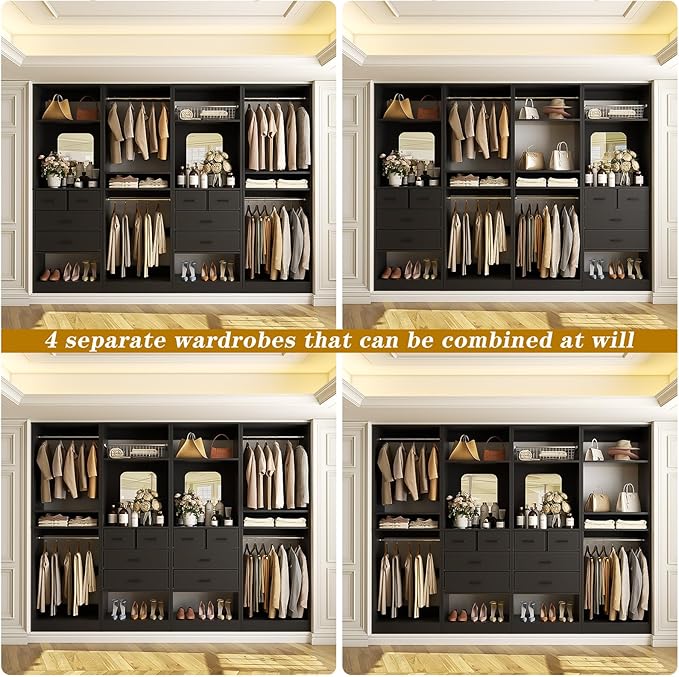 Unikito 100” Closet System with Drawers, 8.3FT Wood Closet Organizer with Hanging Rods and Mirror Design, Reversible Large Walk in Wardrobe Garment Rack with Shelves, Sturdy Closet Tower, Black