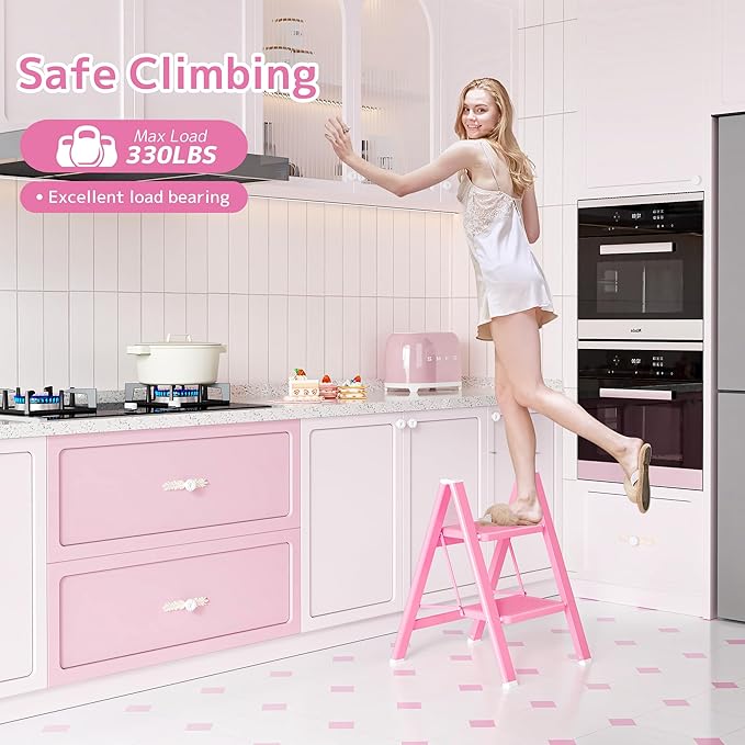 GameGem Pink 2 Step Ladder, Small Kitchen Step Stool for Adults, Widen 7.9Inch Pedal for Comfortable Use, Sturdy and Cute Step Ladder with Anti-Slip Foot, More Friendly to Women, 330Lbs Load
