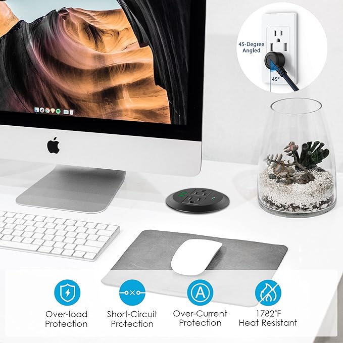 Jgstkcity 3 inch Desktop Power Grommet, Max 65W USB C Charger,2 Outlets, 3 USB Ports, Flush Mount Desk Hole Round Power Outlet, High-Speed Charging Station, Recessed Power Strip,6ft Cord Flat Plug