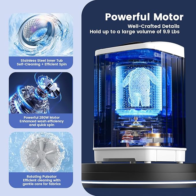 BANGSON 1.31cu.ft Portable Washing Machine, Full-Automatic Washing Machine with 8 Programs 6 Water Levels, Drain Pump and LED Display, Compact Washer for Apartments, RVs, Homes, White