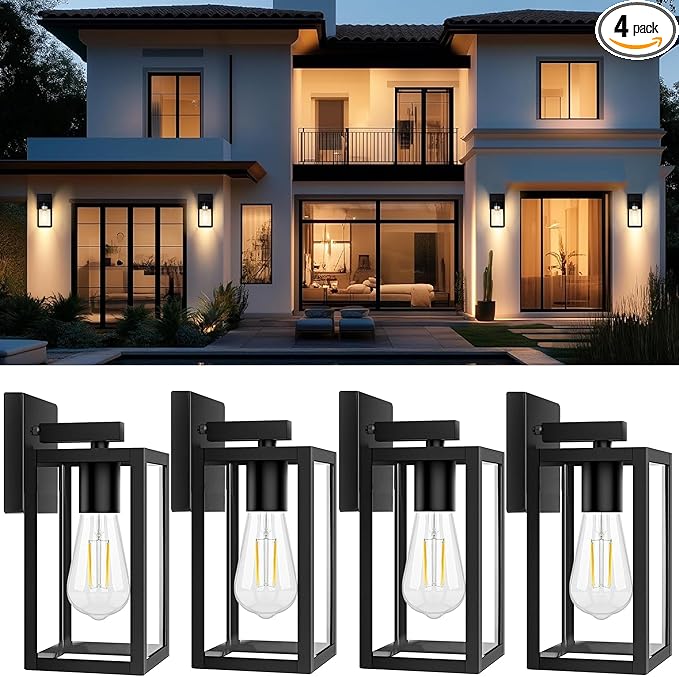 4 Pack Outdoor Light Fixtures, Black Exterior Light Wall Mount, Aluminum Porch Wall Lanterns Waterproof Outside Light for House Front Door Light for Patio Garage Doorway
