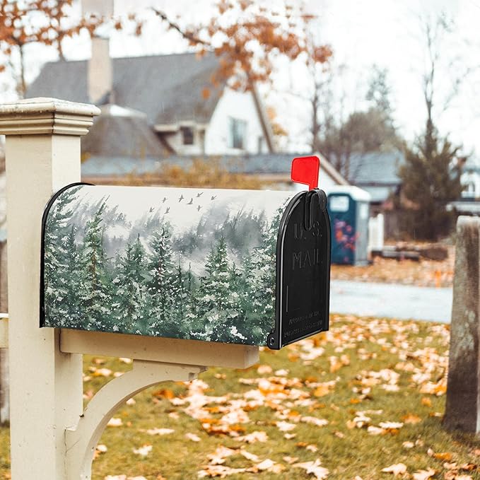 Winter Watercolor Tree Mailbox Covers Magnetic Christmas Green Pine Tree Forest Mail Box Post Letter Box Cover Standard Size 25.5x21 Inch for Xmas Holiday Outdoor Garden Yard Decor
