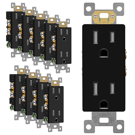 ENERLITES Black Decorator Receptacle, Standard Electrical Wall Outlet, 15A 125V, Self-Grounding, 2-Pole, 3-Wire, 5-15R, UL Listed, 61502-TR-BK, 10 Pack, Tamper Resistant